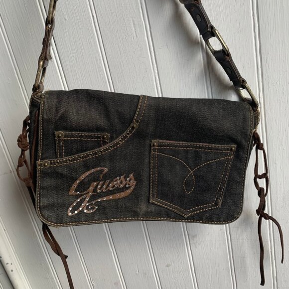 Vintage Y2K Guess Denim Shoulder Bag Spell Out Logo Rhinestones FLAW READ Brass - Picture 3 of 14